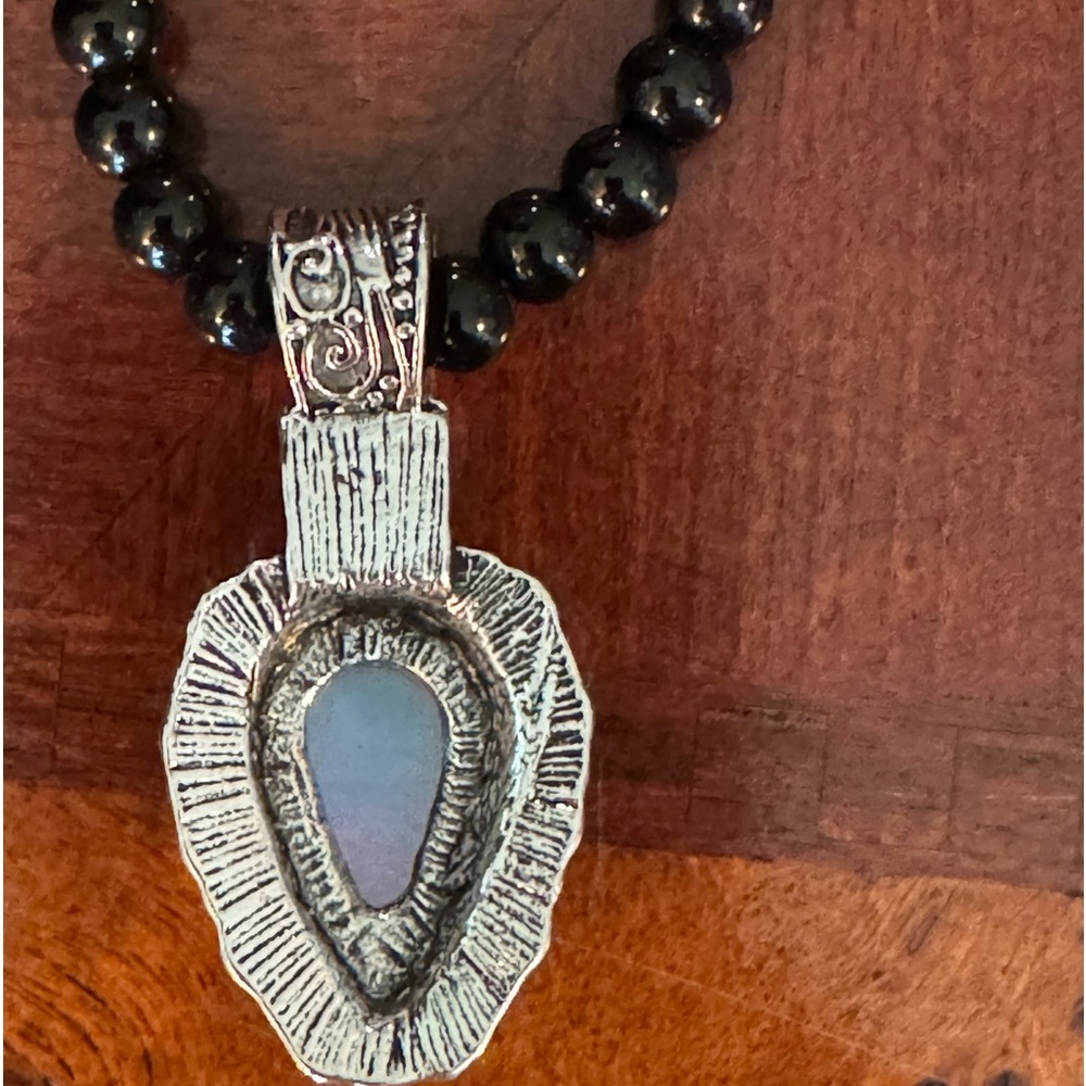 Blue Milky Opal, Simulated, Silver Plated Pendant, Black Beaded Boho Necklace - Picture 5 of 11